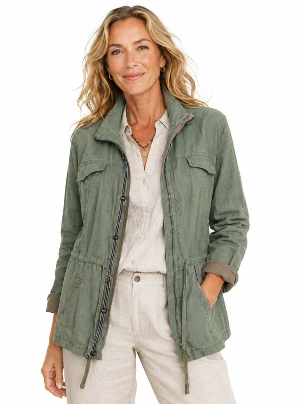 Michael Stars Linen Utility Jacket M Olive‎ Green Military Safari Coastal Travel